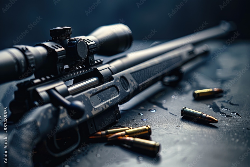 Aufkleber a close-up shot of a rifle and surrounding bullet shells