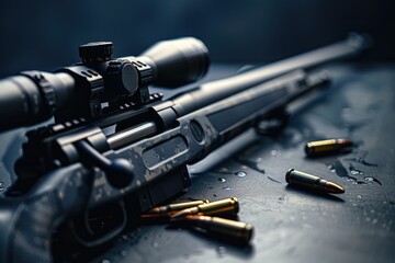 A close-up shot of a rifle and surrounding bullet shells