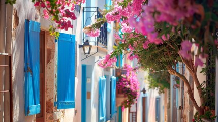 Charming street view with blue shutters and vibrant pink flowers, perfect for travel, architecture, and summer themes