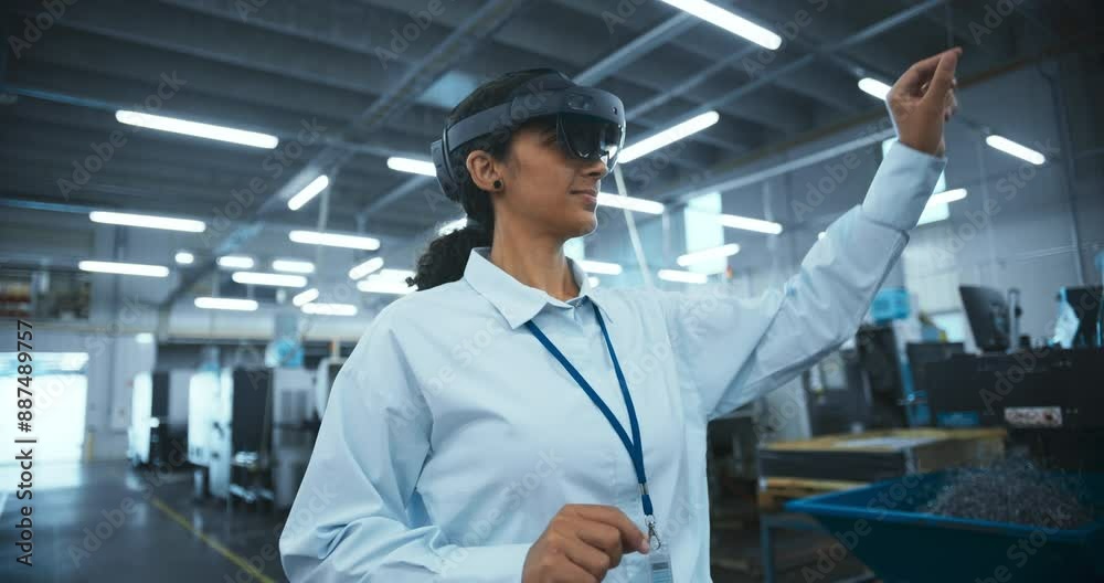 Fototapete multiethnic female engineer in a mixed reality headset standing in a high tech manufacturing facilit