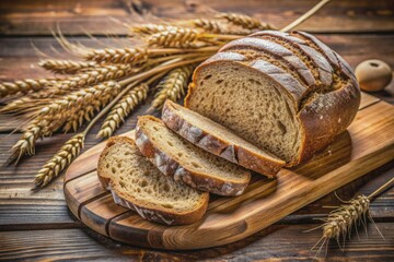 Warmly lit rustic brown bread slices, freshly sliced from a crusty loaf, evoke wholesome goodness and hearty flavor from freshly milled wheat on a wooden board.