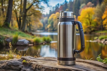 Sleek stainless steel thermos bottle with sturdy handle and secure lid, perfect for hot and cold beverages on-the-go, ideal for outdoor adventures and daily use.