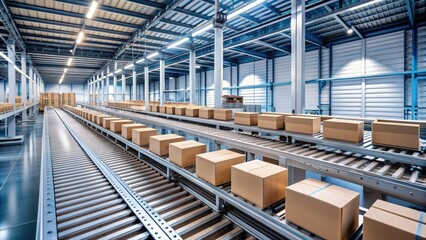 Naklejka premium Industrial conveyor belt system moves packaged goods along production line, empty space around machinery, sleek factory interior with minimalist aesthetic.