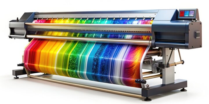 A state-of-the-art large format printer machine displays vibrant colour samples on a transparent background, showcasing its exceptional printing capabilities and stunning output quality.