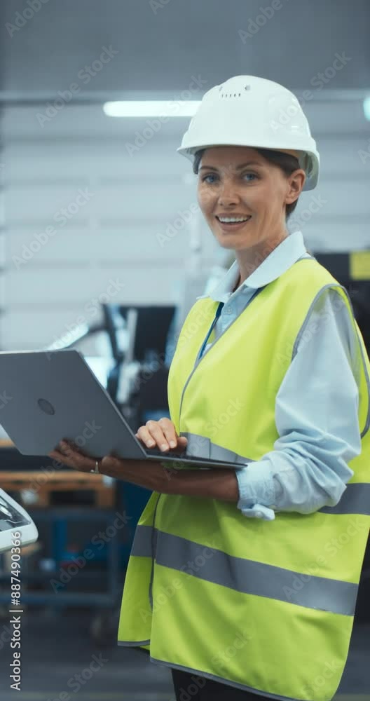 Leinwandbilder vertical screen: industrial engineer at work. caucasian female using laptop computer to update setti