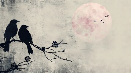 Fototapeta premium Two birds perched on a tree branch facing the full moon and a pink moon in the background