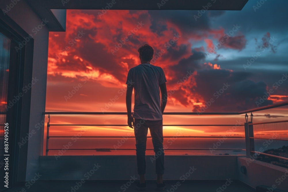 Poster a person standing on a balcony taking in the view of a beautiful sunset