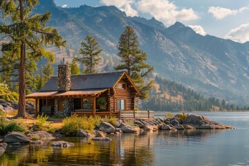 Fototapeta premium A cozy, rustic cabin by a serene lake, with mountains in the background