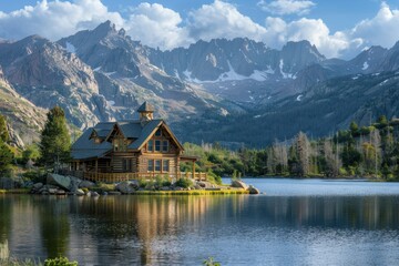 Fototapeta premium A cozy, rustic cabin by a serene lake, with mountains in the background