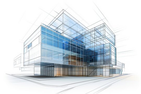 A future architectural drawing of an impressive commercial building on white paper