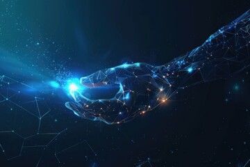 A digital hand, sculpted in low poly style, reaches out to touch a glowing dot amidst a dark blue technological