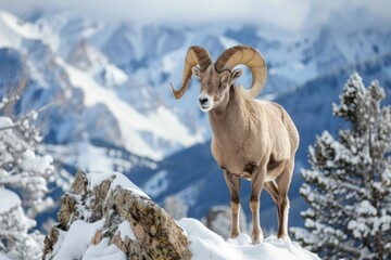 A Majestic bighorn sheep in snowy mountain landscape sure