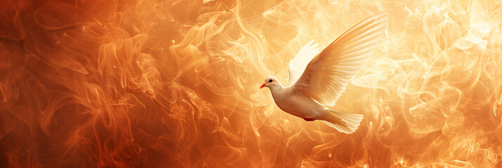 Winged dove in flames, a representation of the new testament holy spirit with copy space. Suitable for religious events and symbolic usage.