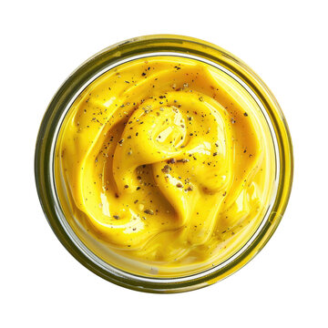 A small glass jar filled with yellow mustard sauce top view isolated on transparent white background, clipping path