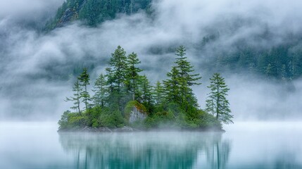 Fototapeta premium A tiny island surrounded by water, with trees lining the shore and foggy air overhead