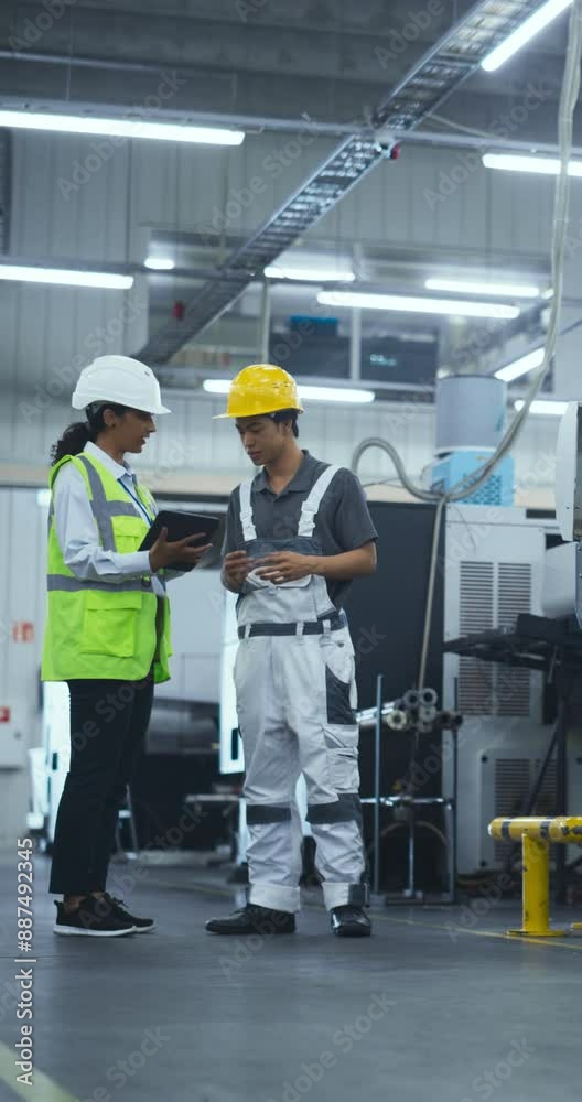 Fototapete vertical screen: female industrial engineer having a conversation with a technician at a manufacturi