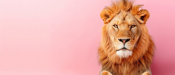 Fototapeta premium Close-up of a lion's head on a pink background against a light pink wall