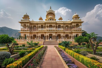 Naklejka premium A majestic palace with golden domes and lush, landscaped gardens