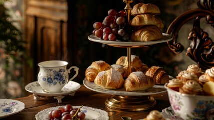 Fototapeta premium Vintage breakfast, on an oak table, cups of aromatic tea, crispy croissants, bunches of sweet grapes