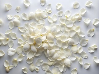 Delicate and intricate white flower petals scattered randomly on a pristine white background, showcasing their gentle curves and soft textures in harmonious simplicity.