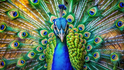Fototapeta premium Vibrant peacock proudly displaying stunning iridescent plumage, shimmering blues and greens, with majestic head and neck feathers elegantly fanned out in a striking pose.