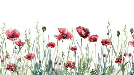 Obraz premium Watercolor tall grass and red poppys on a white background