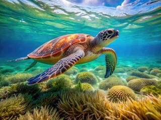 Obraz premium A solitary adult green sea turtle glides effortlessly above a vibrant shallow coral reef and sea grass bed in crystal-clear turquoise ocean waters.