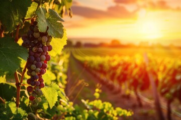 Agricultural grape plantation on field with sunset background