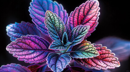   A close-up of a plant with vibrant purple and green leaves, set against a stark black backdrop