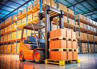 Orange and black forklift truck lifts wooden pallet stacked with colorful cartoon boxes amidst warehouse shelves packed with diverse containers and packages.