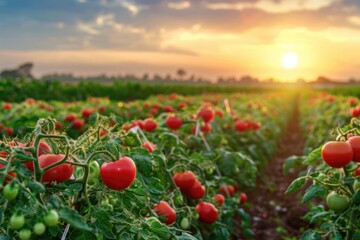 Agricultural tomatoes plantation on field with sunset background