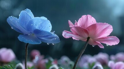   Two pink and blue flowers with water droplets in a field of pink and blue flowers