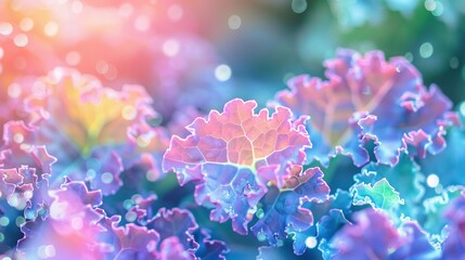 Fototapeta premium A zoomed-in image of several pink and blue flowers, adorned with water droplets on their surfaces
