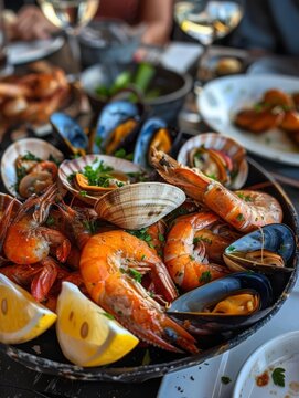 7 Portuguese seafood platter with prawns and clams bird's-eye view