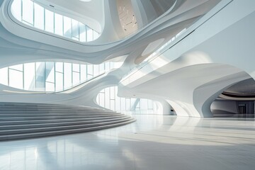 Obraz premium A serene, modern museum with open spaces and flowing architectural forms
