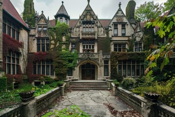 A sprawling Gothic mansion with intricate stonework and ivy-covered walls