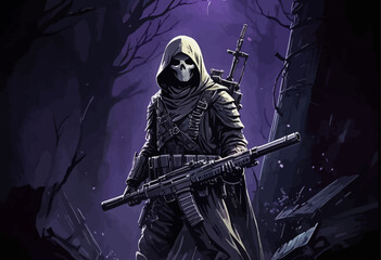 Naklejka premium Skeletal Warrior in a Post-Apocalyptic Forest
