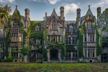 A sprawling Gothic mansion with intricate stonework and ivy-covered walls