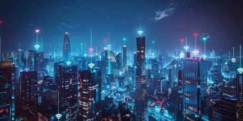 Fototapeta premium A 3D render of a modern metropolis at night, with visible WiFi signals arcing between towering skyscrapers