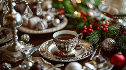 Fototapeta premium The New Year's festive table is decorated with shiny Christmas tree decorations, a lot of chocolates and gifts, aromatic coffee in a beautiful cup