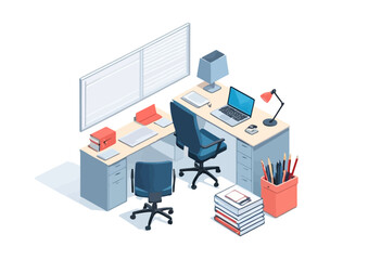 Office Desk Setup with Laptop, Books, and Chair