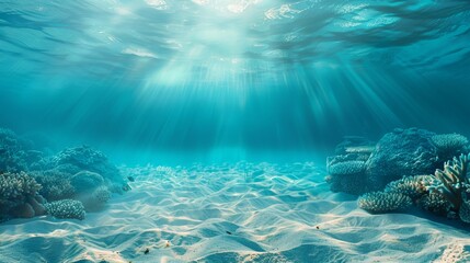 Fototapeta premium an underwater scene with sandy ocean floor, blue sea water, and coral reefs in the background