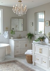 Fototapeta premium Elegant Bathroom A luxurious bathroom with a freestanding tub, marble tiles, and a crystal chandelier. Add a double vanity with gold fixtures and a large mirror. 