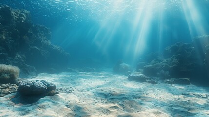 an underwater scene with sandy ocean floor, blue sea water, and coral reefs in the background