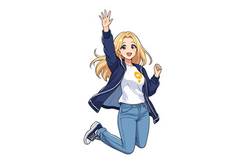 Joyful Female Character in Mid-Air with Hands Raised, Wearing Blue Jacket and Jeans