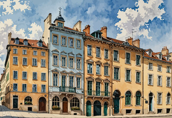 Obraz premium Historic European Townscape with Multi-Story Buildings and Architectural Details