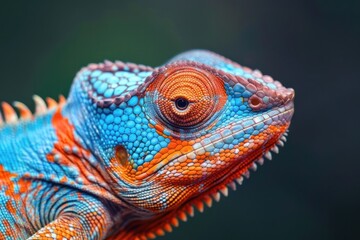Fototapeta premium Bright color exotic chameleon, iguana lizard, wildlife reptile portrait, orange and blue skin coloration