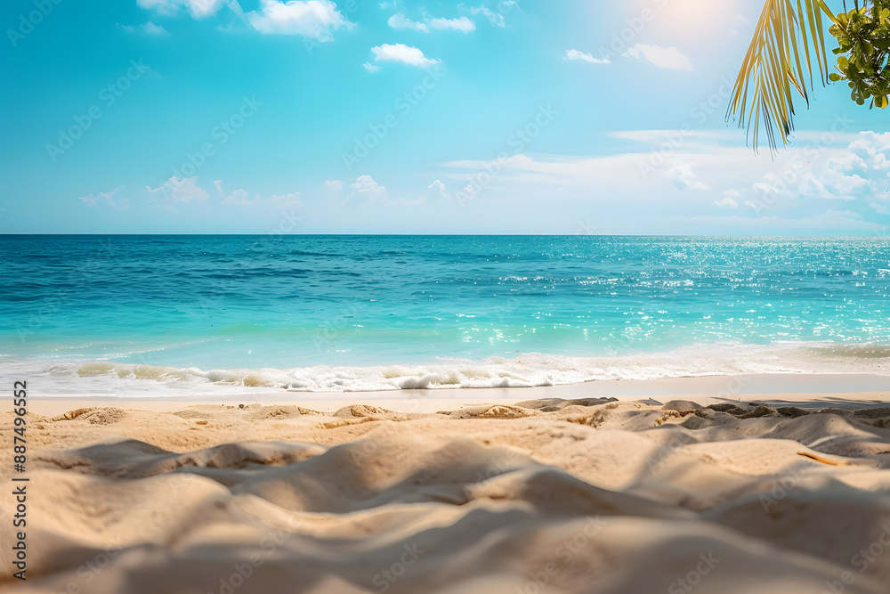 Wall mural tropical beach with sand and turquoise seascape background.