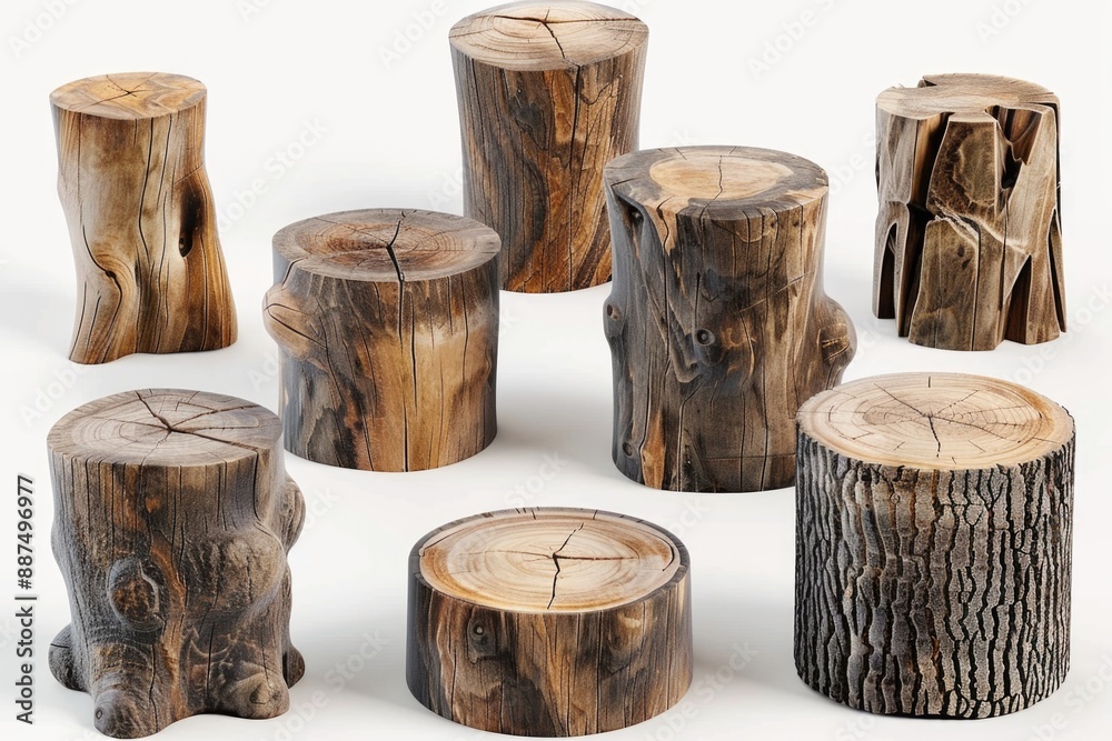 Poster a collection of wooden stools arranged side by side