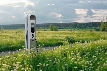 charging station for electric cars in the green field. The concept of green clean energy